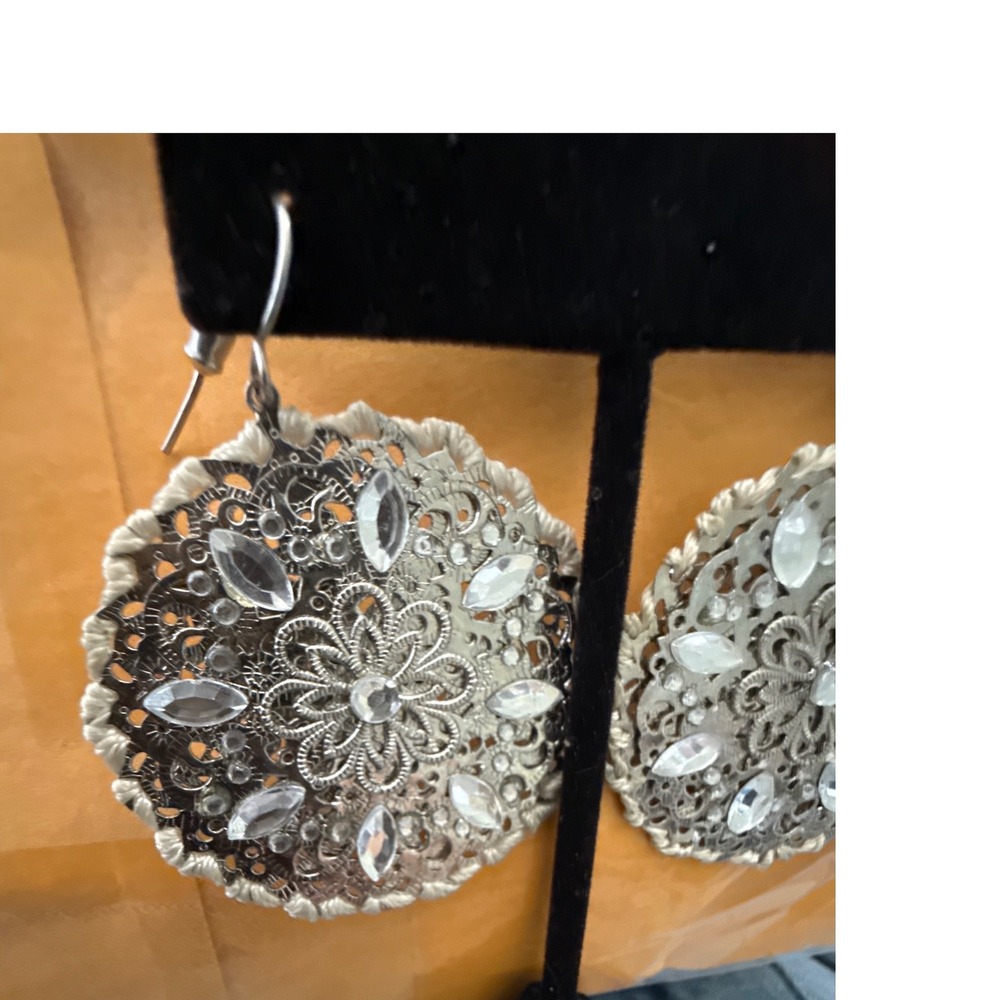 Silver Filigree Mandala Drop Earrings Clear Crystal Boho Statement Dangle